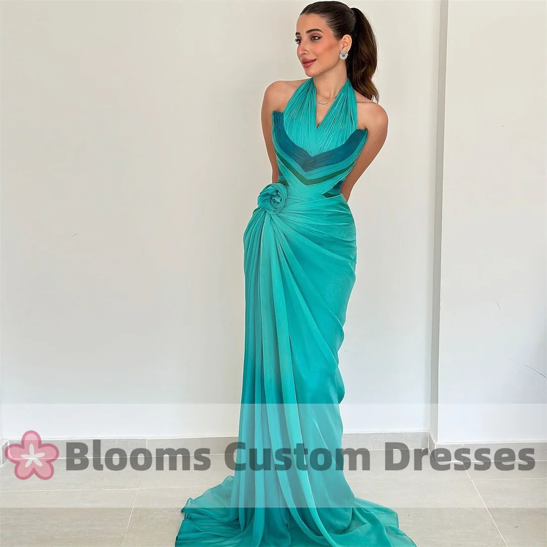 Blooms Mermaid Sleeveless Halter Prom Dresses Pleated Flower Multi Color Evening Dress for Formal Occasion Backless Party Gown