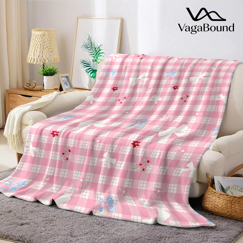 Pink Gingham Bows Floral Flannel Blanket Warm Soft Halloween Christmas Decorative Couch Warm Cozy All-Season Gift