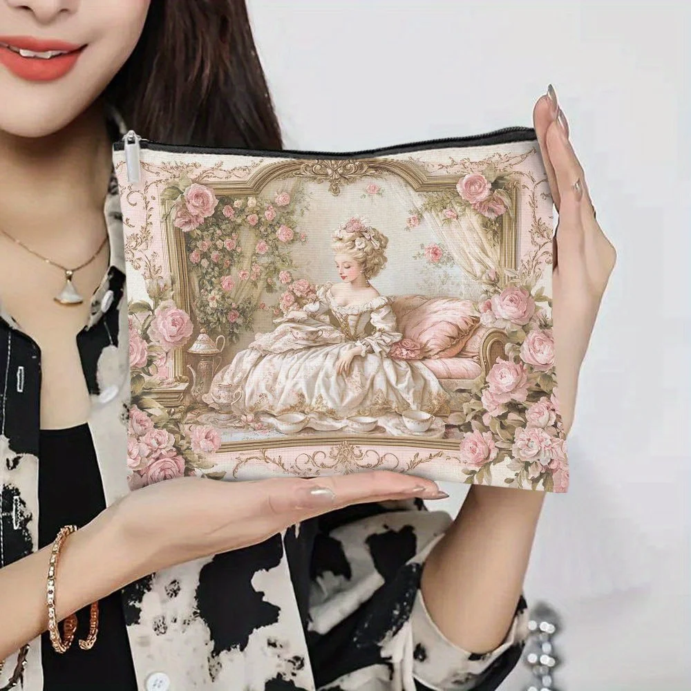 Un sac de maquillage floral rococo – Jolie pochette multifonctionnelle à fermeture éclair pour femme, sac de rangement de bijoux