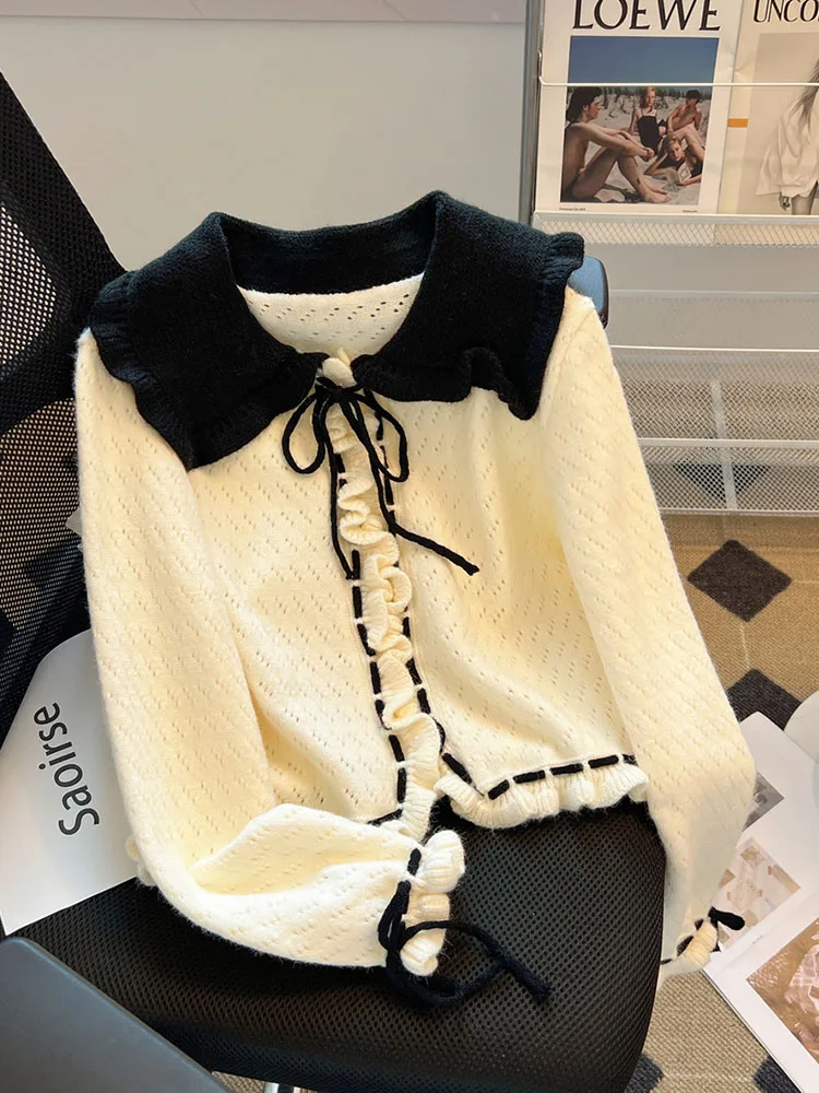 French Elegance Knitted Tops Women Long Sleeve Peter pan Collar Slim Sweater Autumn Winter Solid Lace Up Design Cardigan Trend