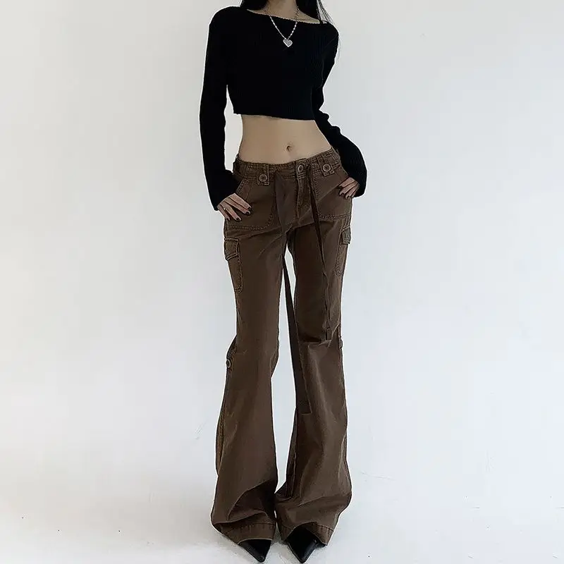 Flare Jeans Button Ribbon Low Rise Brown For Women Streetwear Y2K Aesthetic Cargo Jean Pants Vintage Denim Trousers