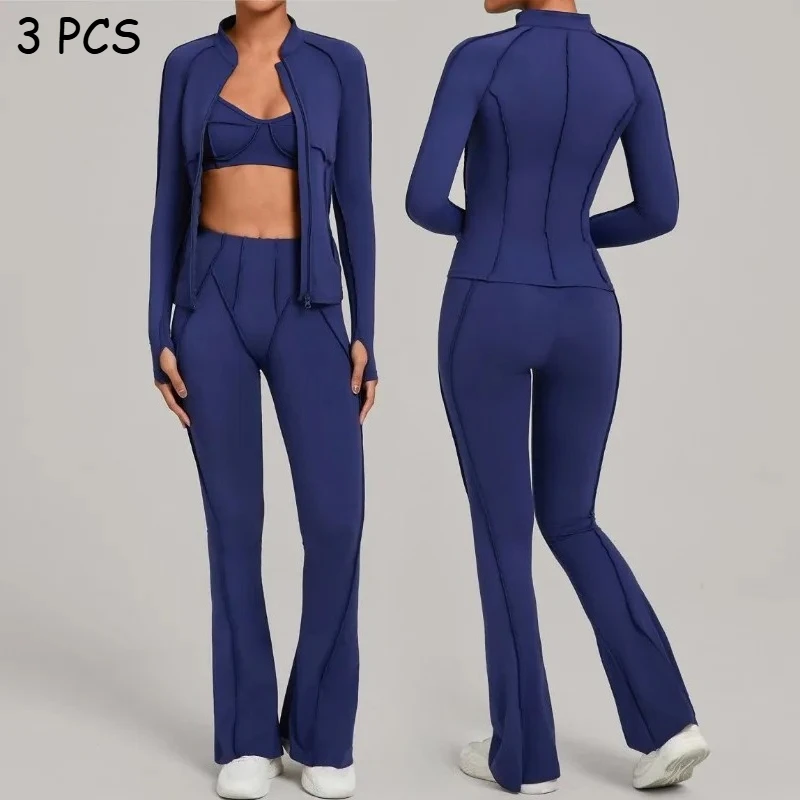 

3 Pcs women's nude yoga set zipper jacket bra flares-pants bodysuit slim fit high waist tracksuit fitness gym sports set