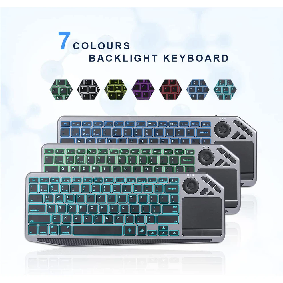 2.4G Wireless TV Keyboard with Touchpad 7-Colors Backlit Bluetooth Keyboard Rechargeable Keyboard for Smart TV iOS iPhone/IPad