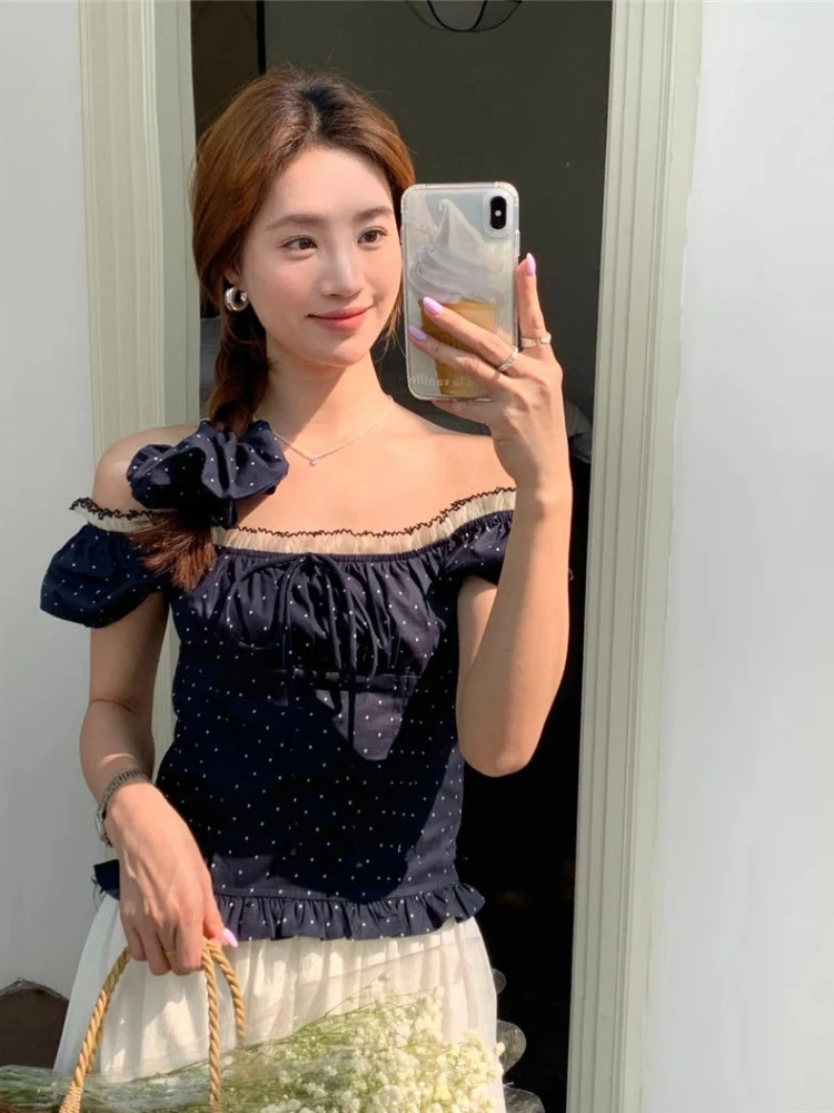 2025 여성용 스윗 탑 블라우스, 스퀘어 칼라 퍼프 소매 튜닉 셔츠, 빈티지 물방울 무늬 붕대 리본 여름 블라우스