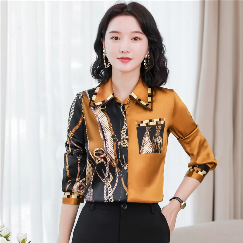 Silk Women\'s Shirts Satin Printed Vintage Blouses Loose Long Sleeves FASHION Spring/Summer Ladies Clothing New Polo Neck Tops