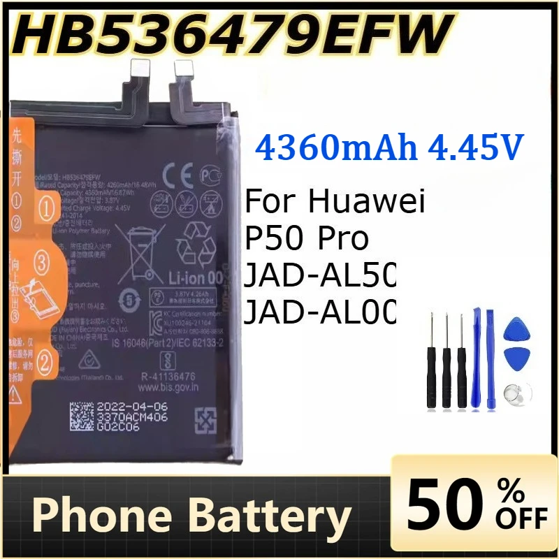 

4360mAh HB536479EFW Mobile Phone Batteries for Huawei P50 Pro JAD-AL50 JAD-AL00 Rechargeable Battery +Tools