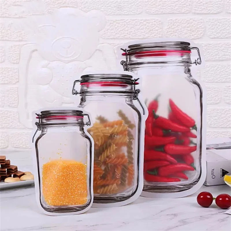 100個入り 赤い蓋付きプラスチックボトル スタンドアップメイソンジャーバッグ DIY 抹茶 ココア スナック スパイス コーヒー 砂糖 フルーツ ティー 冷蔵保存用ポーチ