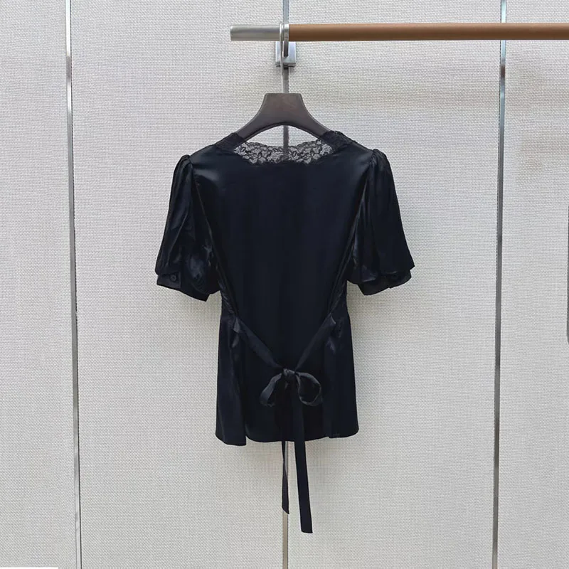 Women's Fitted Short-Sleeve T-Shirt, Lace-Trimmed Tie-Front Top, Casual and Versatile Pullover, 2026, Summer, New Arrival, Y2K,