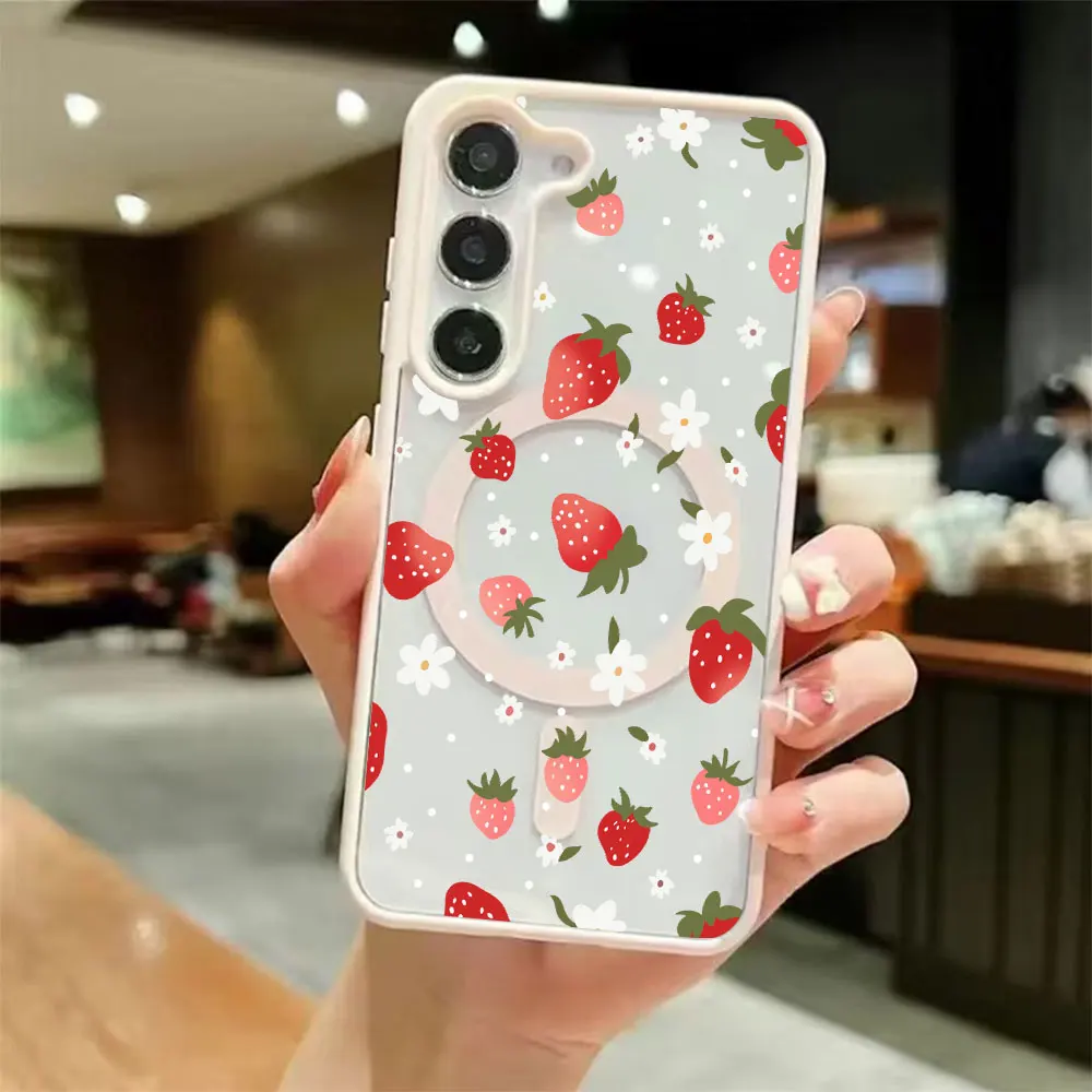 Sweet Strawberry Pattern Magnetic Phone Case For Samsung Galaxy S26 S25 S24 S23 S22 Ultra Plus FE 5G Shockproof Hard PC Cover
