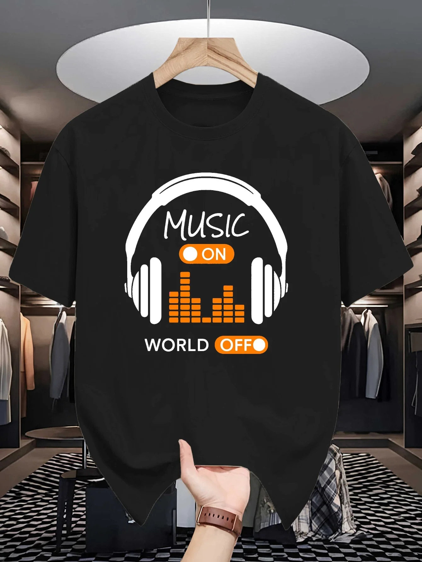 Men Short Sleeve T Shirt Music On World Off Headphone Equalizer Graphic Tees Loose Fit Casual Mens Top For Music Fan Street Wear