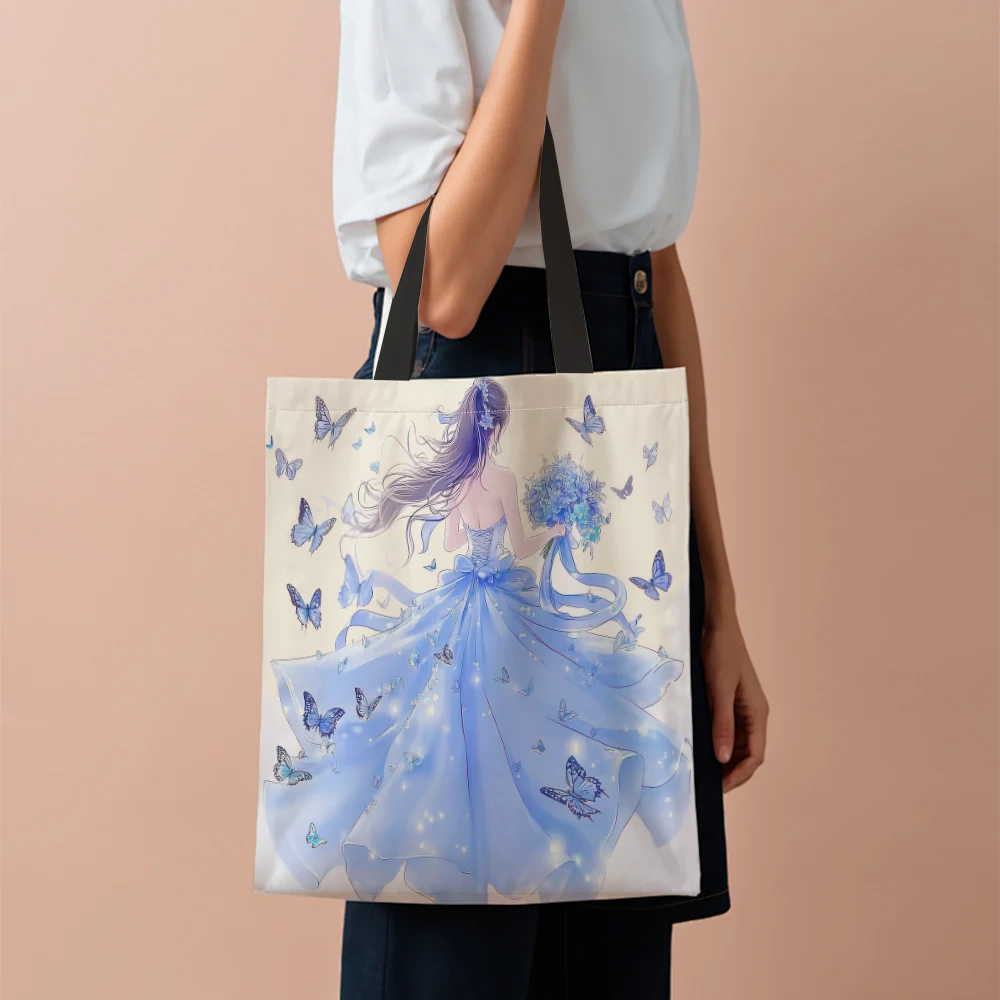 1Pc Beautiful Lady Back Shopping Bag Blue Skirt Flying Butterflies Holding Flowers Romantic Art Style Shopping Bag