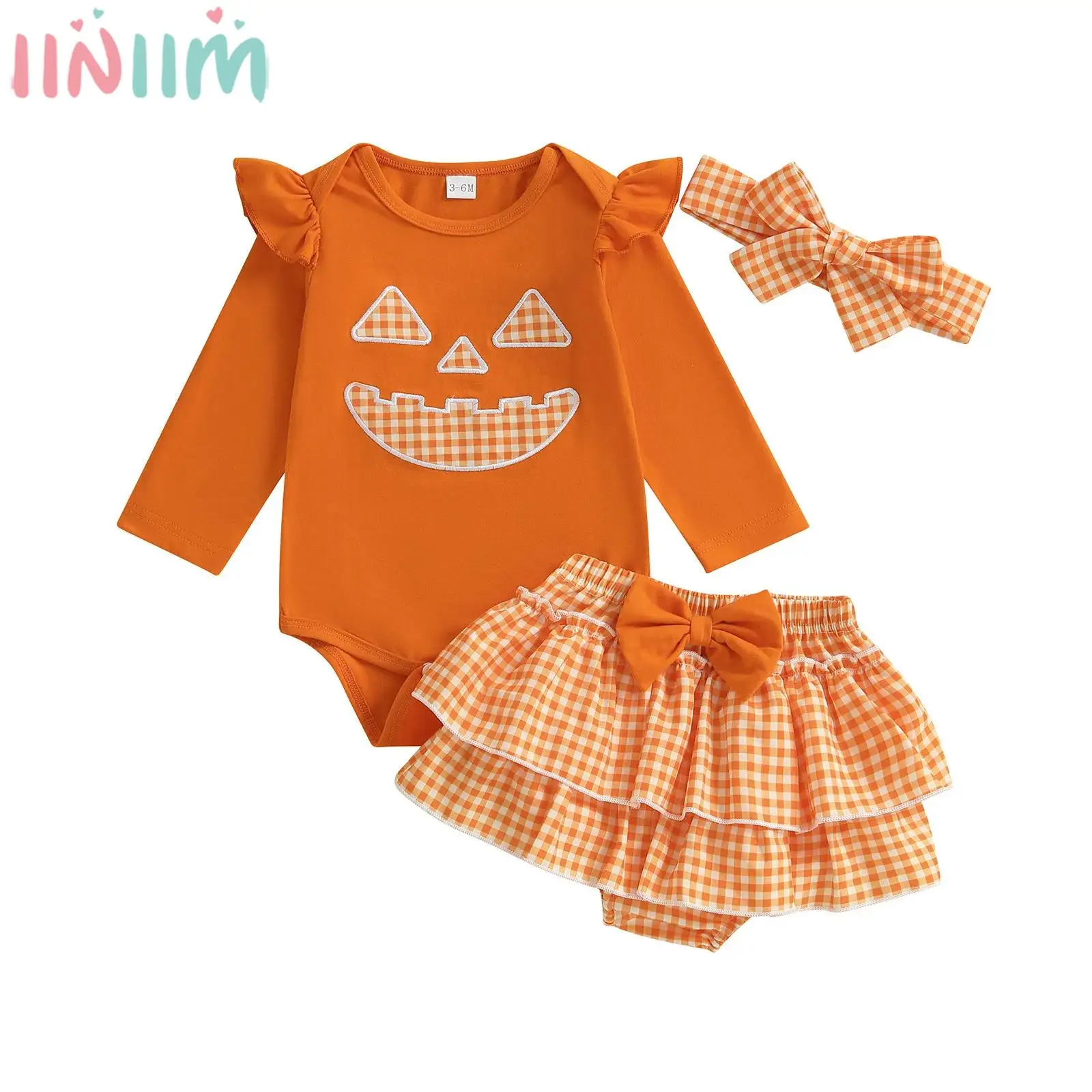 

Newborn Baby Girls Halloween Pumpkin Cosplay Costume Long Sleeve Romper with Tiered Ruffled Plaid Skirt Headband for Photography