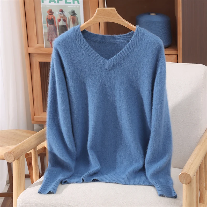 Pulôver feminino de manga comprida com decote em v, outono inverno 100% suéter de caxemira de vison macio, quente, sólido, casual, roupas soltas
