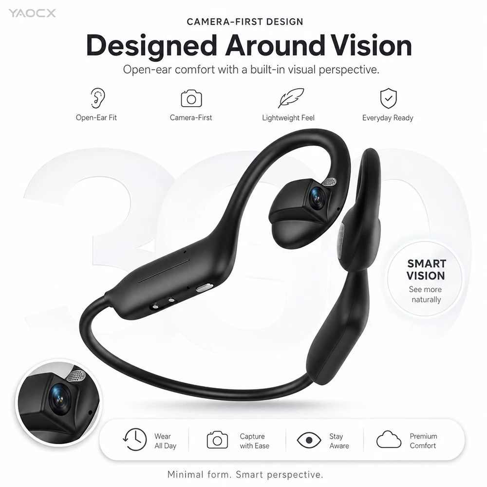 2026 TK Hot Smart Camera Earphones 8MP  AI Visual Recognition Open Ear Bluetooth Headphones Meeting Recording WiFi6 Transfer 8GB