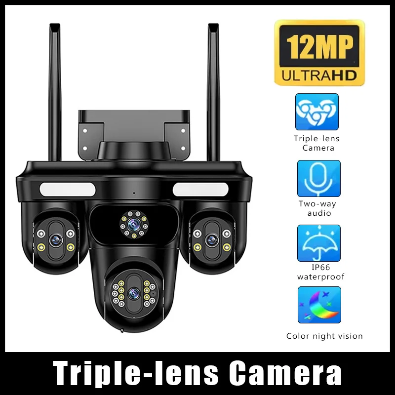 

Three Screen Three Lens WIFI IP Camera 12MP Outdoor Security PTZ Camera 10X Zoom Camera Auto Tracking IP66 Waterproof Cam
