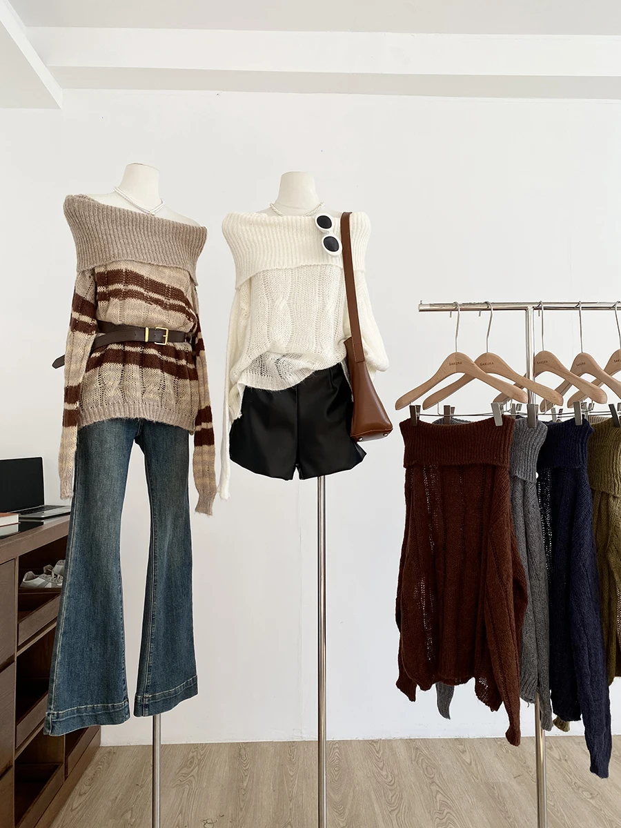 

Autumn Winter Soft Cozy Korean Sle Knitted One oulder Sweater Bal Women's Faion Commute Loose Fit Long Sve