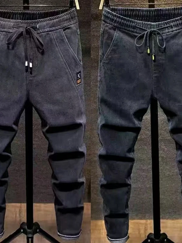 Spring Autumn Elastic Waist Jeans Men Loose Straight Leg Elastic Long Pants Belted Casual Wear Resistant Work Trousers