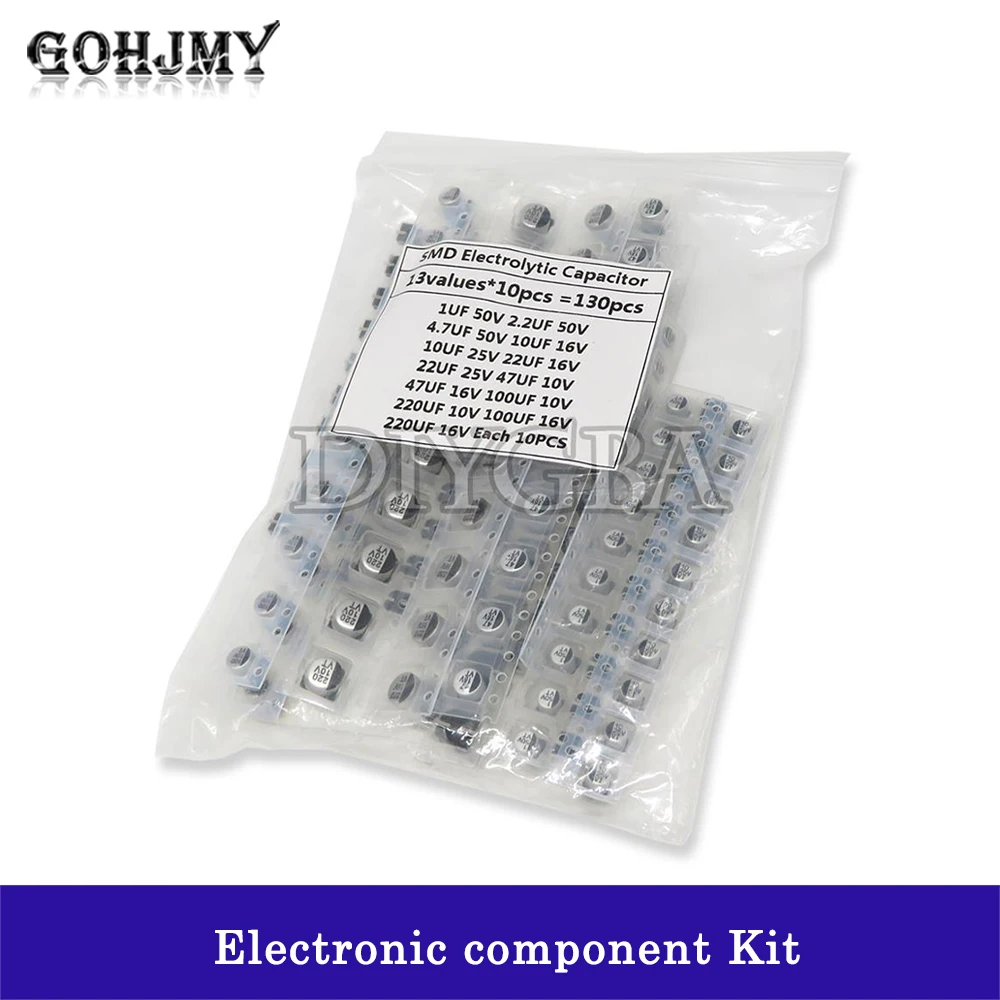 130PCS/LOT 1uF-220uF SMD Aluminum Electrolytic Capacitor Assorted Kit Set, 13values Each 10pcsSamples Kit