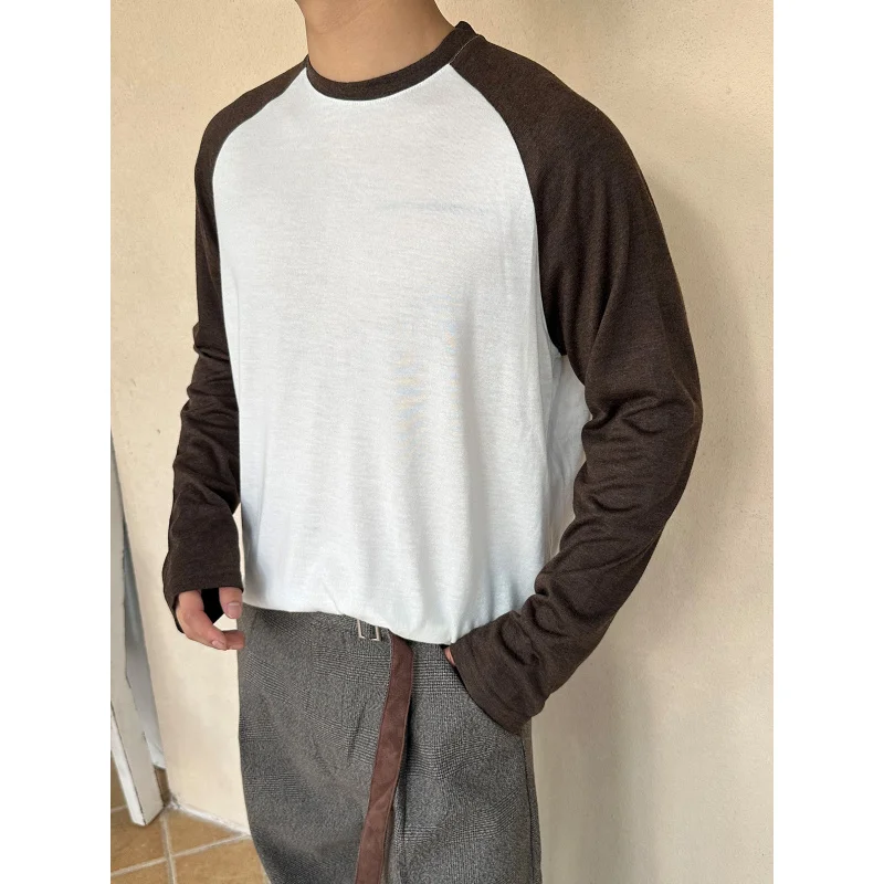 EME Merino الصوف كم طويل ريترو الأساسية عارضة طاقم الرقبة راجلان كم قاعدة قميص تي شيرت أعلى للرجال والنساء #3