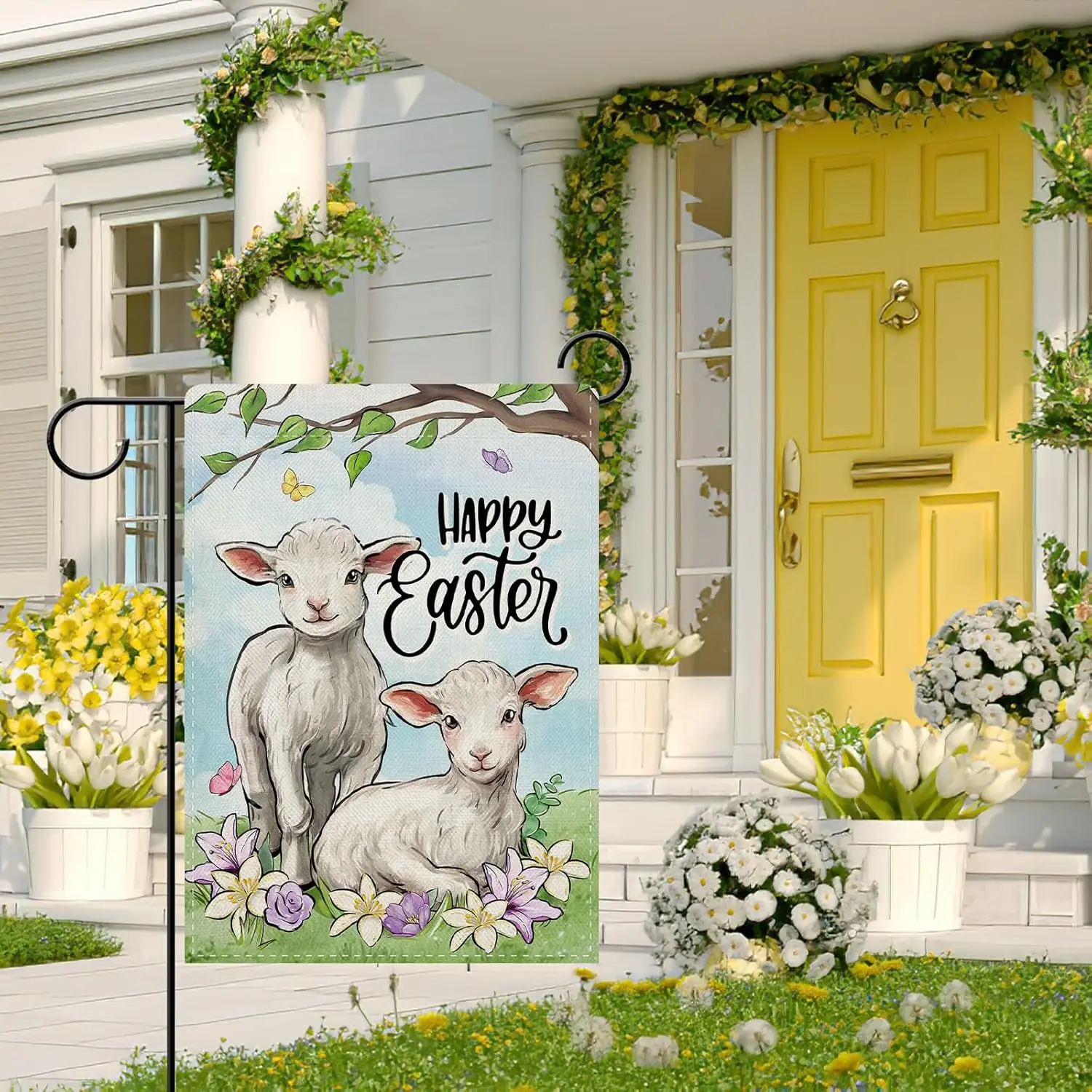 Dyrenson Happy Easter Lamb Decorative Garden Flag, Cute Lily Flower Tree Yard Outside Home Decorations, Spring Burlap Outdoo EEZ