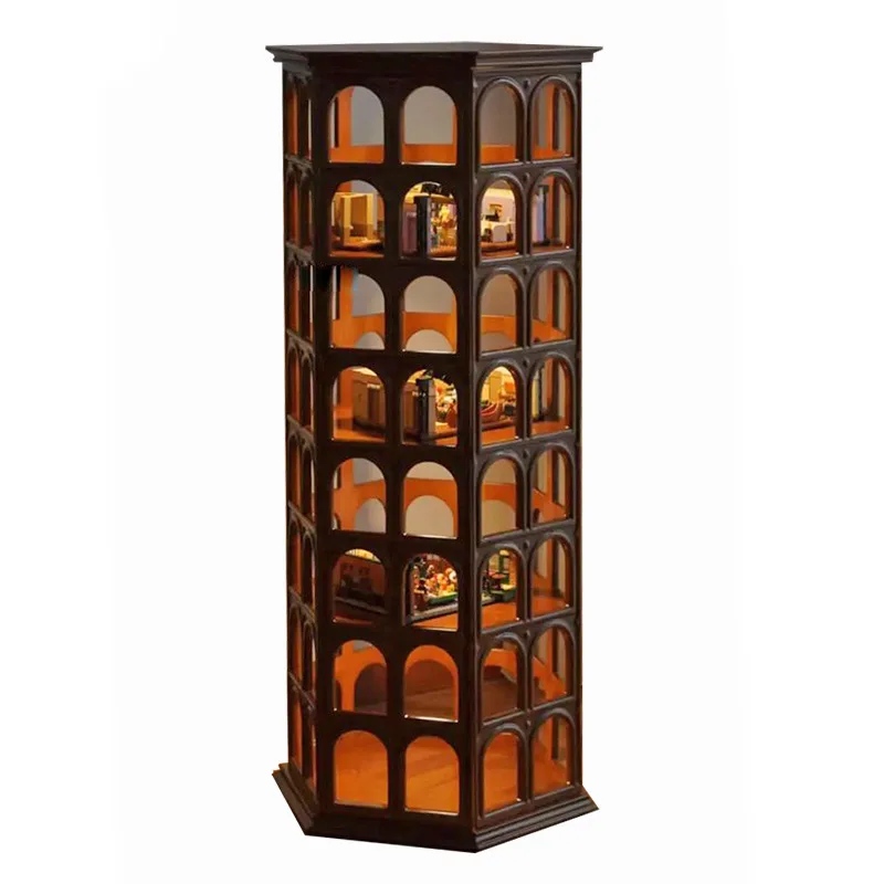 Figure display cabinet Solid wood round arch Four-layer multi-functional display cabinet Display cabinet Vintage wood hollow