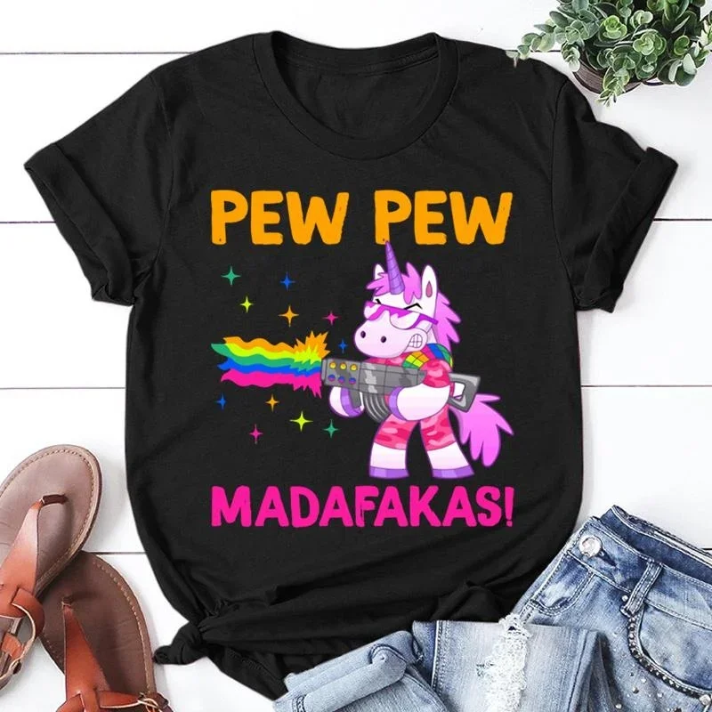 Cool Pew Pew Madafakas Print T-shirts For Women Summer Fashion Casual Short Sleeve Round Neck Tops Ladies T-shirt