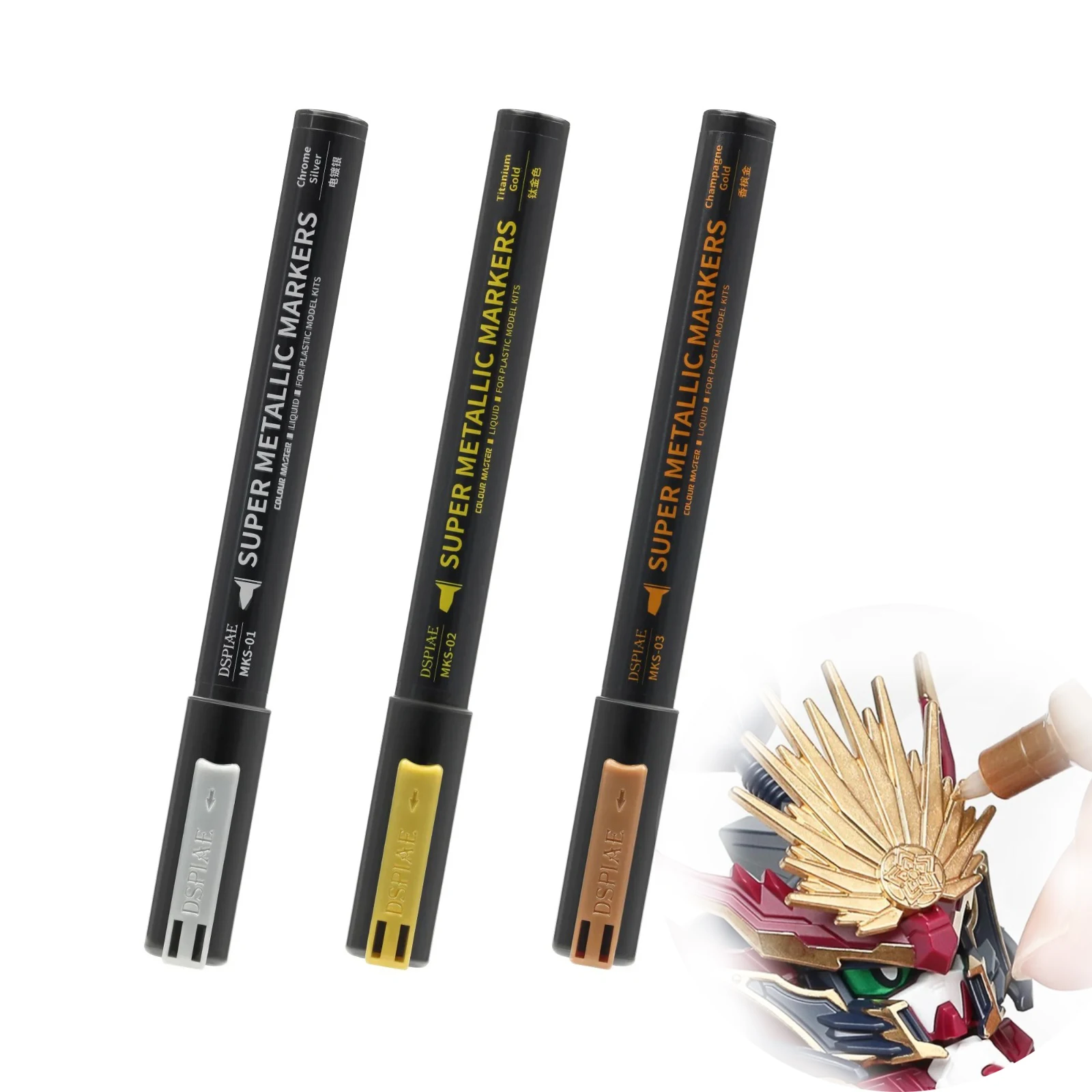 DSPIAE MKS Super Metallic Markers 3 Colors Brush Pen Paint Tool for Gundam Model Tool One Pole Double Headed 0.5mm 2.0mm Pen Tip