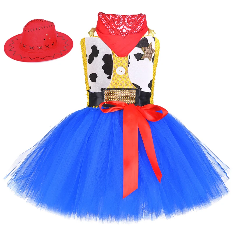 Girls' Western Ranch Style Strap Mesh Puff Skirt Set, Cow Printed Dress, Children's Halloween Cosplay Costume Birthday Dress