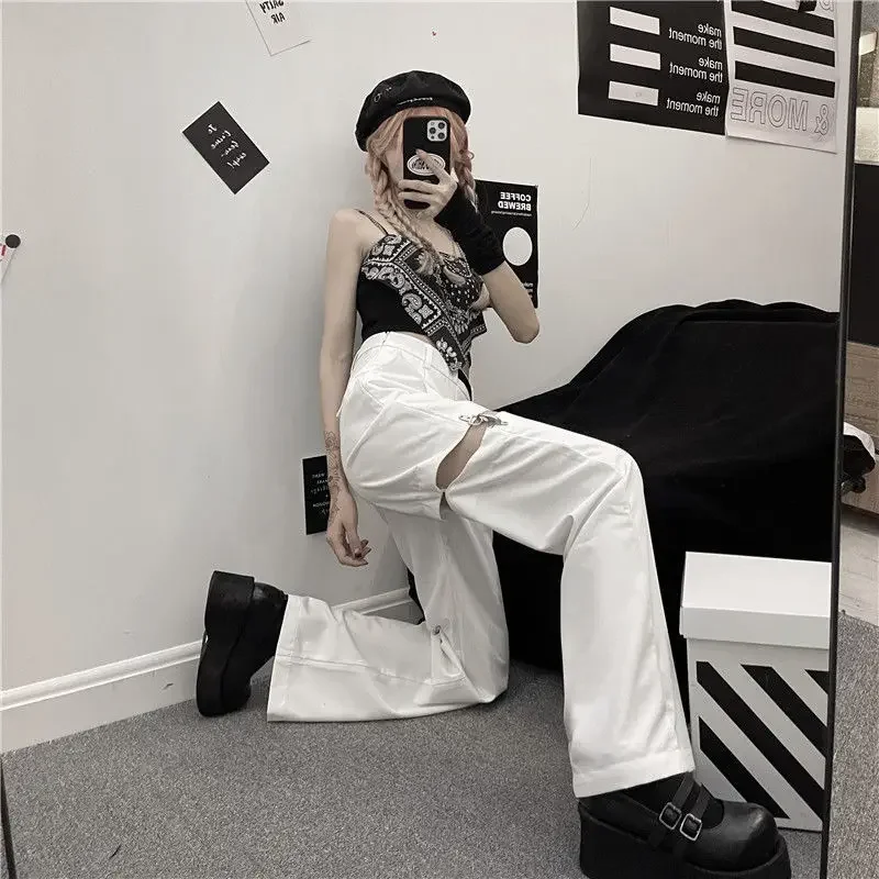 Harajuku Streetwear Women Pants with Belt Chain Hip Hop Loose Hollow Pants Woman Summer Design Straight Leg Trousers S-3XL