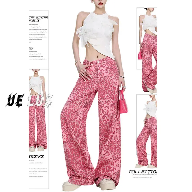 

Fashionable Leopard Print Pure Cotton Jeans Women Winter 2025 Dopamine Pink Wide Leg Pants High Waist Loose Long Pants Female