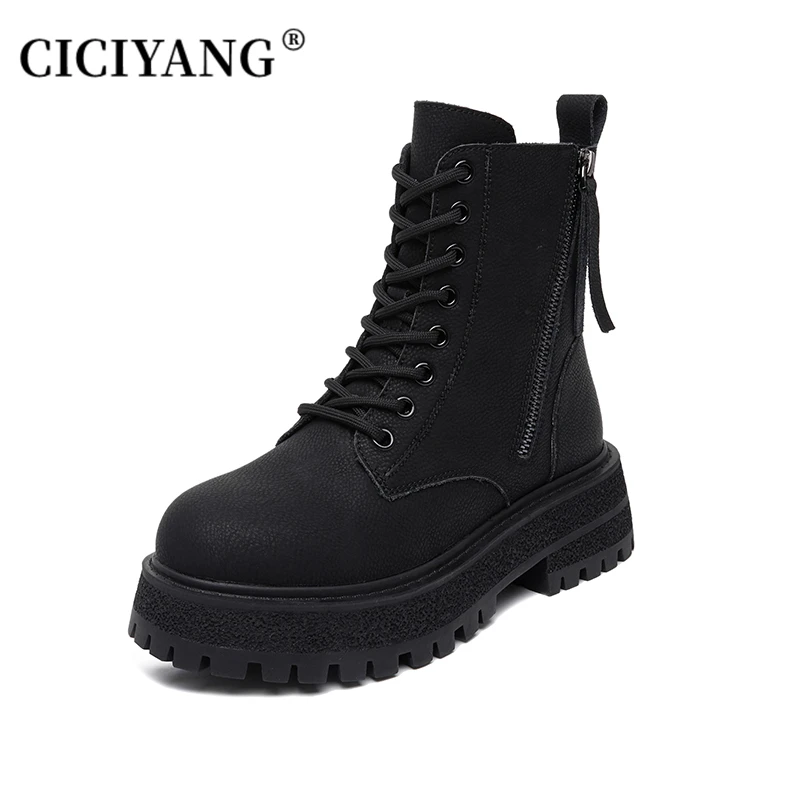 CICIYANG Genuine Leather Snow Boots Winter Plus Fur Women 2024 Retro British Style Large Size 42 43 All-Match Autumn Ankle Boots