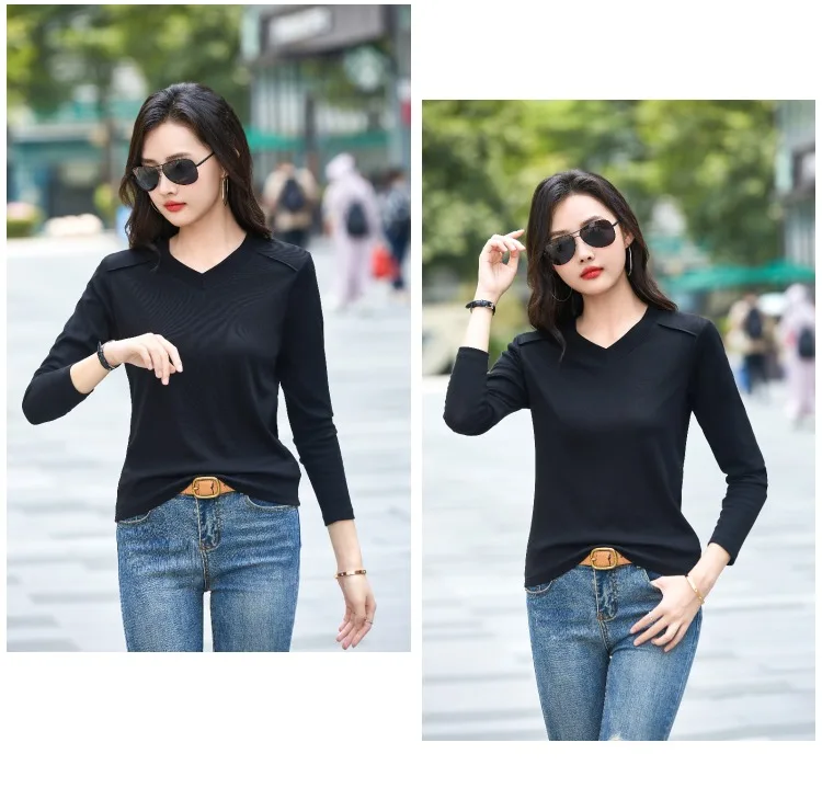 AOSSVIAO 2026 Damen Frühling Herbst 100% Baumwolle T-Shirt Basic Einfarbig Langarm Locker Sitzende Oberteile Shirts T-Shirt – Detail 8