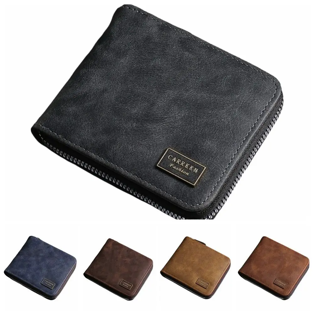 Portable Multi-position Men's Short Wallet Thin Zipper PU Leather Coin Purse Multi-function Large Capacity Card Holder Outdoor