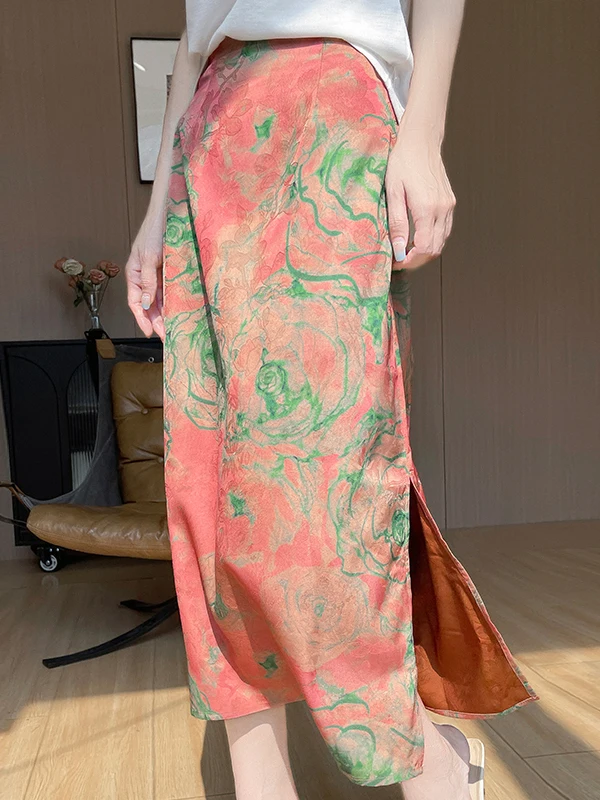 

Faionable Floral Satin f Skirt High Waist A-Line Ele Long Slimming New Sle Women's Premium Feel Midi Skirt