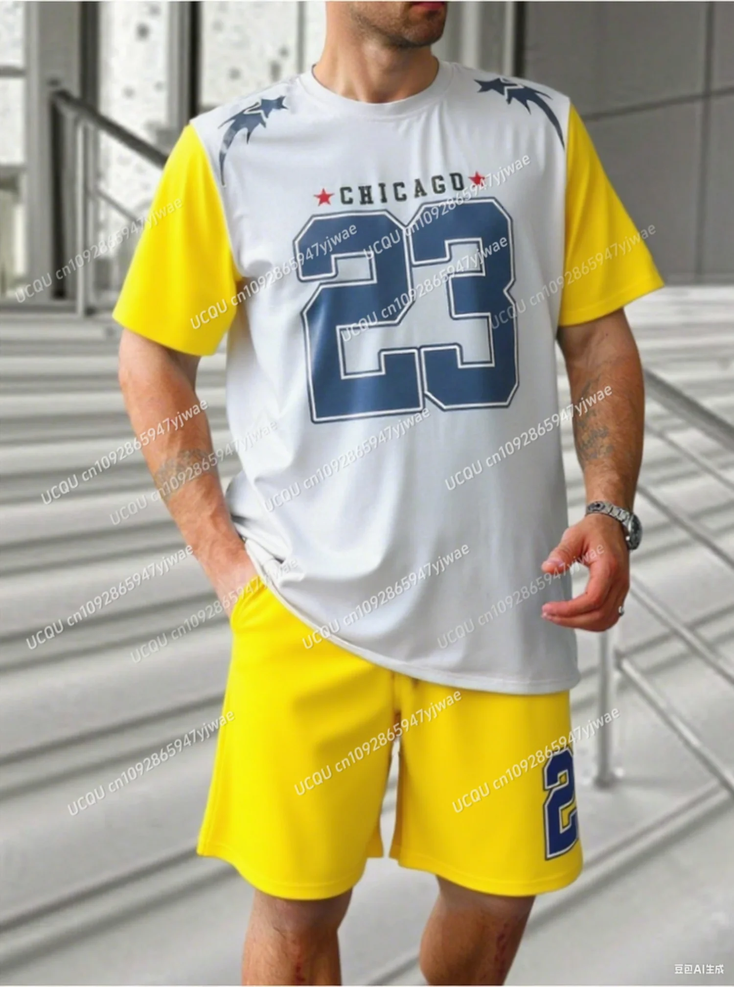 2025 Summer Color blocked Chicago No.23 Men's Tracksuit 2 Pieces Set Casual Sport T-Shirt Shorts Set Men's Jogging Men Clothes