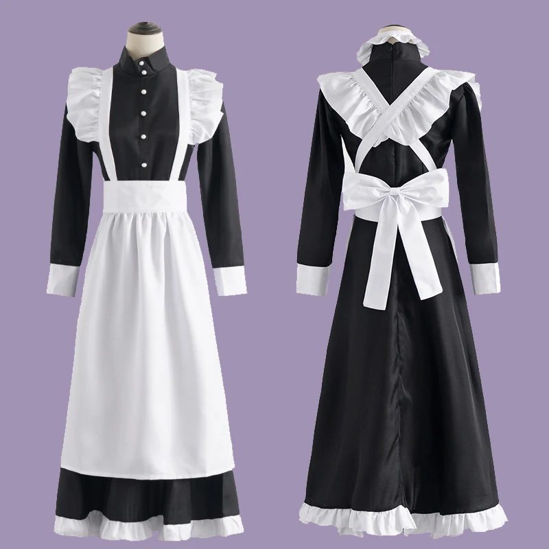 Classic Black White Maid British Style Pearl Thread Long Coffee Shop Maid Dress Cosplay Costume Home Holiday Men's Women's Cloth