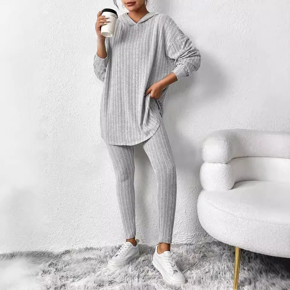 Ribbed Top Long Sleeve Full Length Sexy with Patchwork Striped Plaid Pattern Socialite Style Striped Regular Sleeve Women Sets