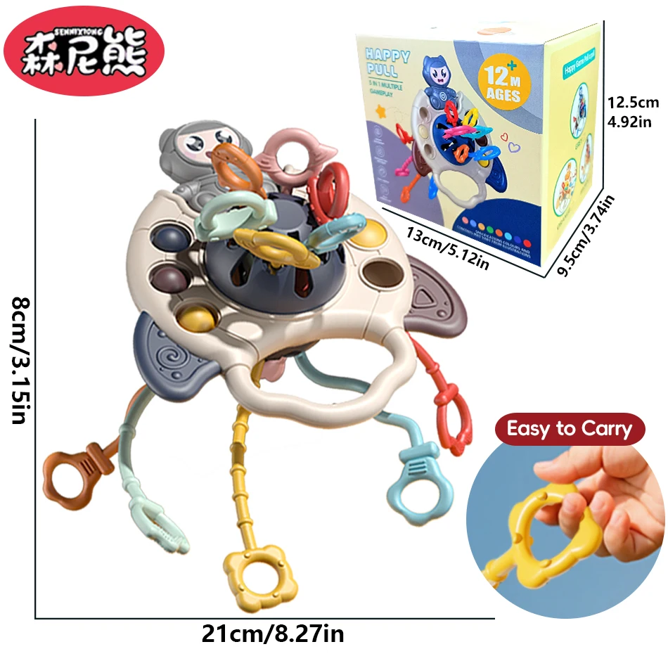 SENNIXIONG Baby Cute Bear Tiger Spaceman Teething Pull String Infant Sensory Silicone Rattles Montessori Toys For Toddler Gift