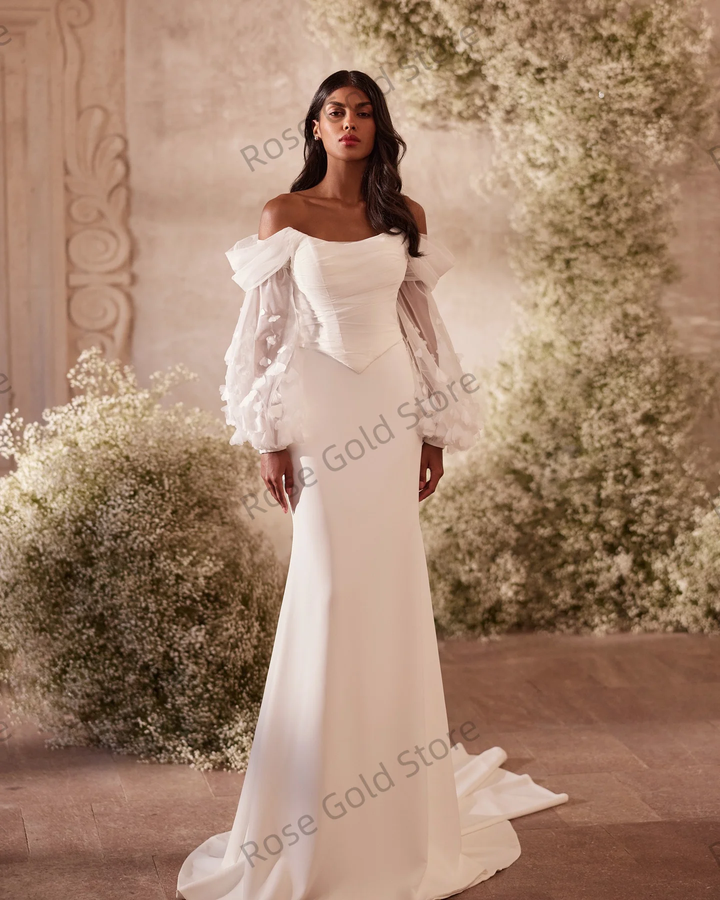 Prosta Biała Suknia Ślubna Syrena Odkryte Ramiona Koronkowe Rękawy Suknie Wieczorowe z Odpinanym Trenem Personalizowane Eleganckie Suknie Ślubne