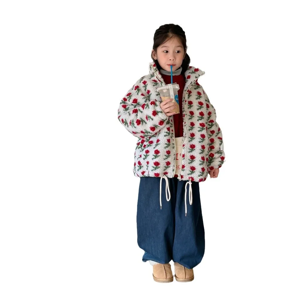 

Детская теплая хлопковая куртка на толстой молнии, свитер, зимнее издание 2026, корейское пальто с цветочным принтом для девочек, волосатое пальто