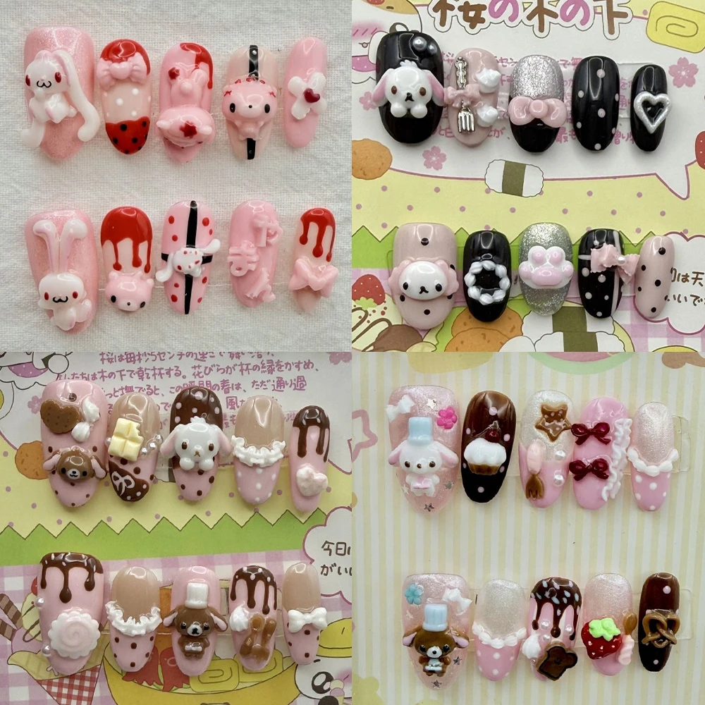 10 Uds. De dibujos animados Kawaii 3D conejo oso hecho a mano almendra prensa en uñas postre Chocolate crema pastel Bowknot perla estrellas uñas postizas
