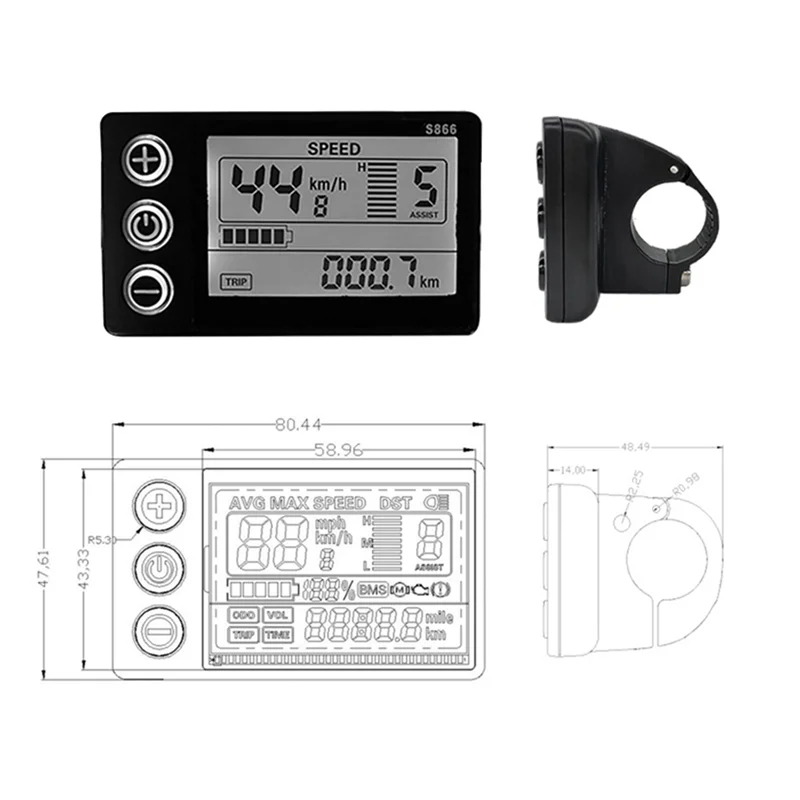 24V 36V 48V 60V S866 Controller Panel Dashboard Waterproof 6PIN Electric Bike LCD Display for Electric E-Bike Scooter