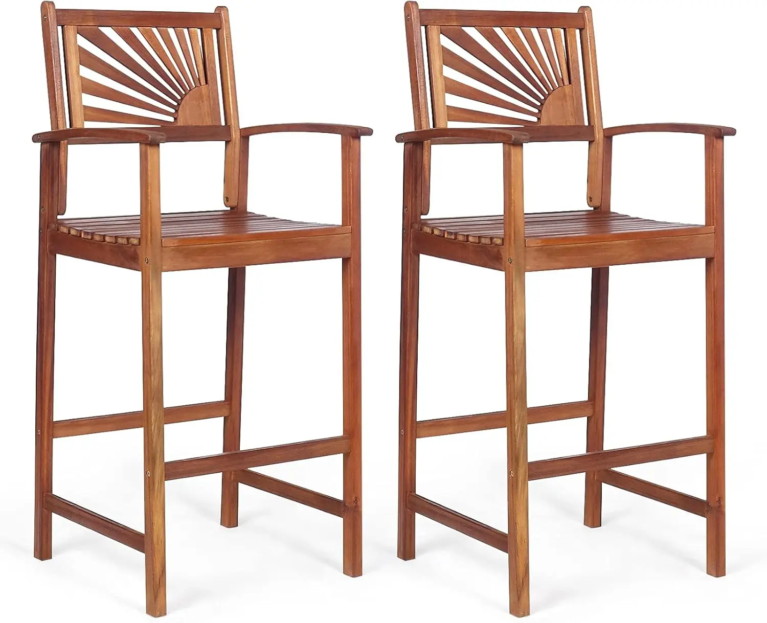 Costway Bar Stools Set Of 2, Outdoor Acacia Wood Bar Chairs With Sunflower Backrest, Curved Armrests & Breathable Seat, Ideal