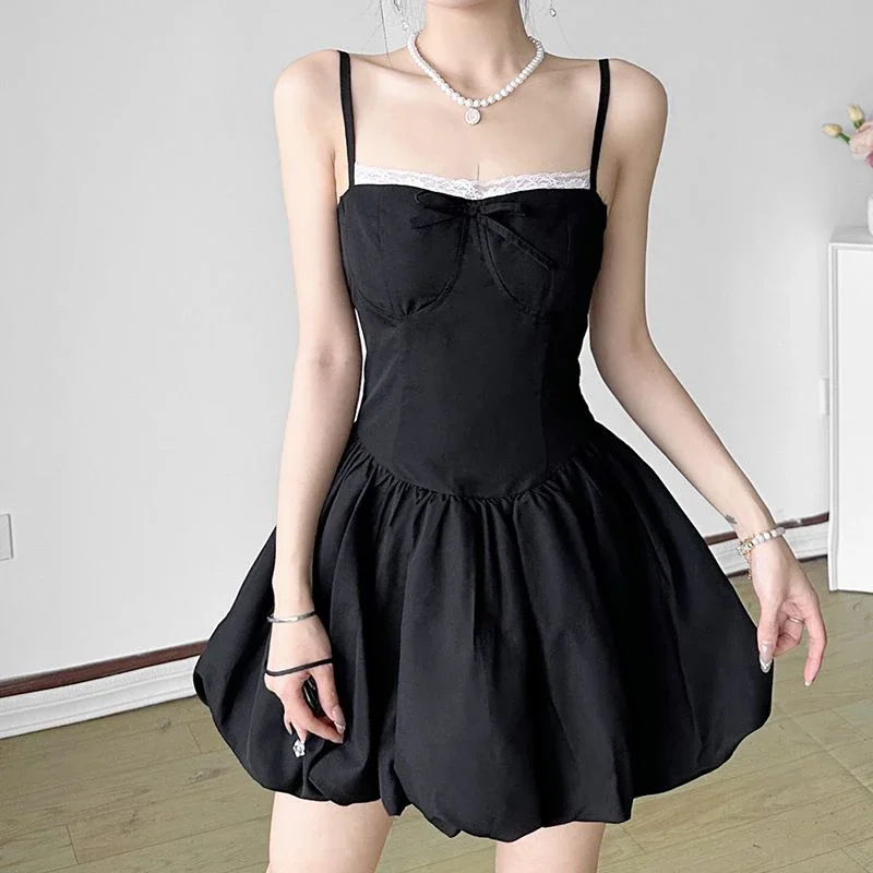 Dulce encaje Patchwork negro Camis vestido mujer verano francés elegante arco decorar Mini vestido ajustado Y2k moda todo fósforo vestido tutú