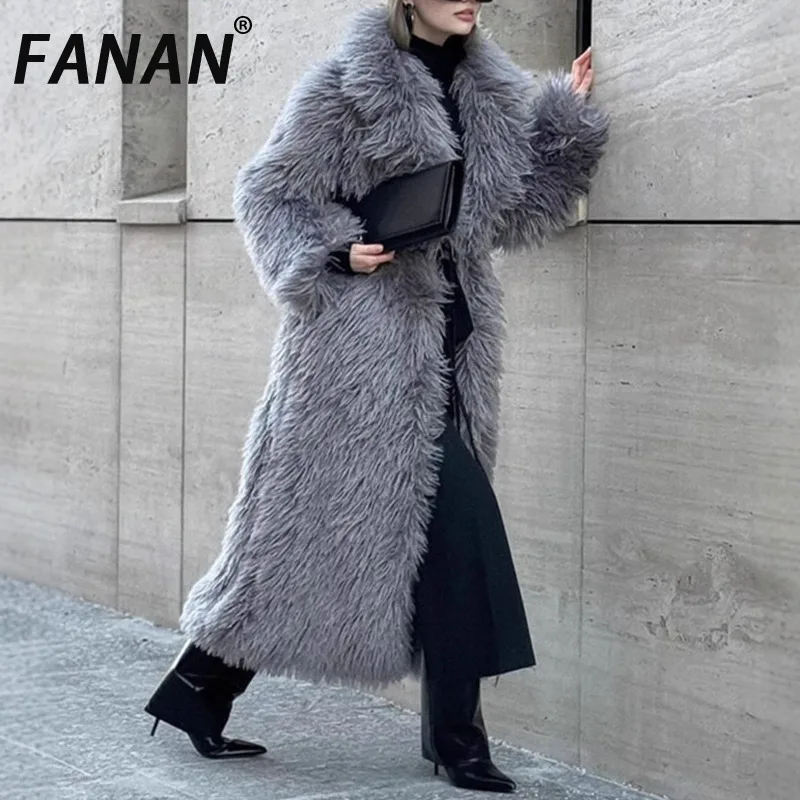 

FANAN женские толстые теплые пальто из искусственного меха, кардиган с лацканами, длинная верхняя одежда, офисная женская темпераментная одежда, женская зимняя новинка 2025 г.