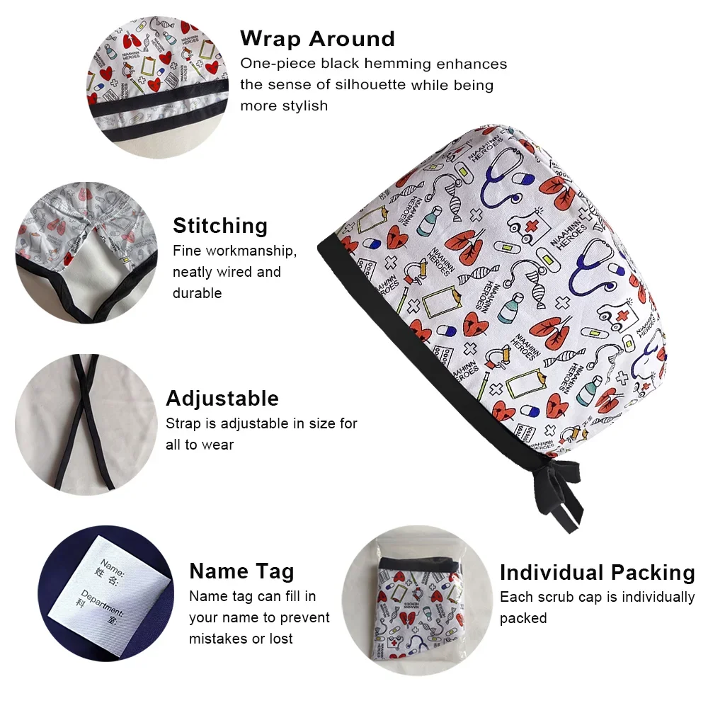 여성 남성 헤드 스크럽 캡 치과 의사 요리사를위한 100% 코튼 소프트 프린트 외과 모자 간호 모자 작업 위생 치과 외과 의사
