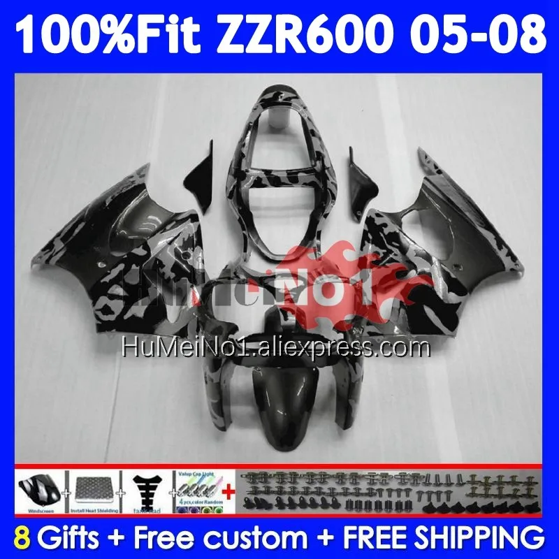 Injection Body For KAWASAKI NINJA ZZR-600 ZZR 600 CC 204No.100 grey stock ZZR600 05 06 07 08 2005 2006 2007 2008 OEM Fairings