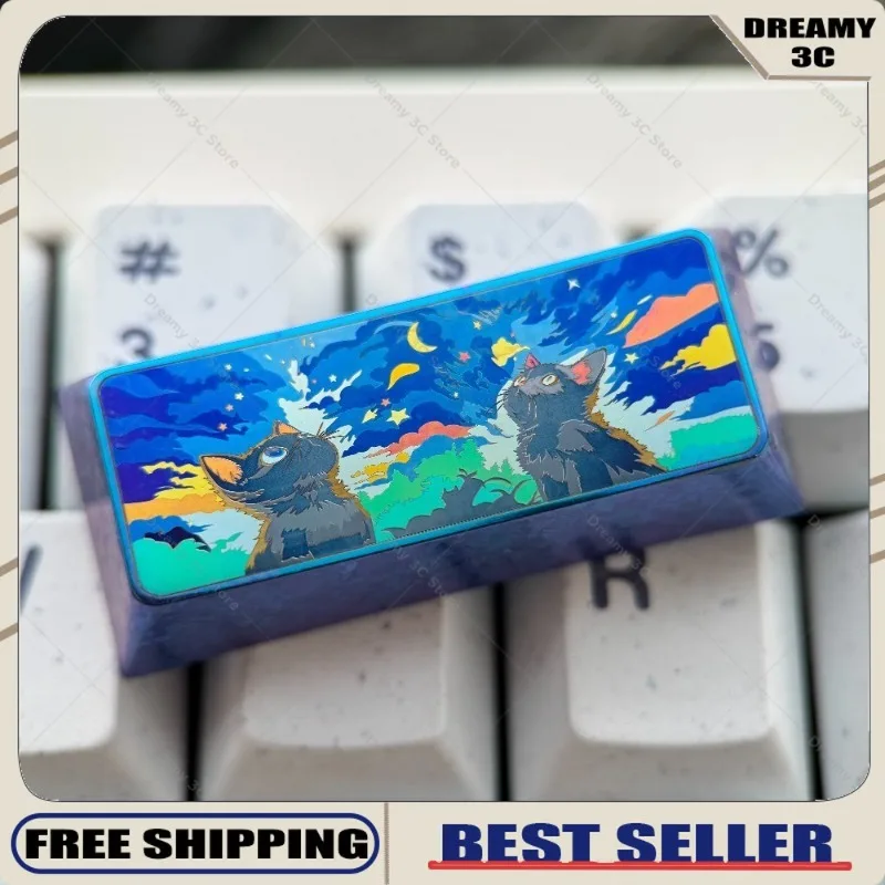 Starlit Night Cat Titanium Artisan Keycap Custom Ice Crystal Metal Key Cap for ESC Caps Tab Shift Ctrl Alt 1U 1.25U Keyboard
