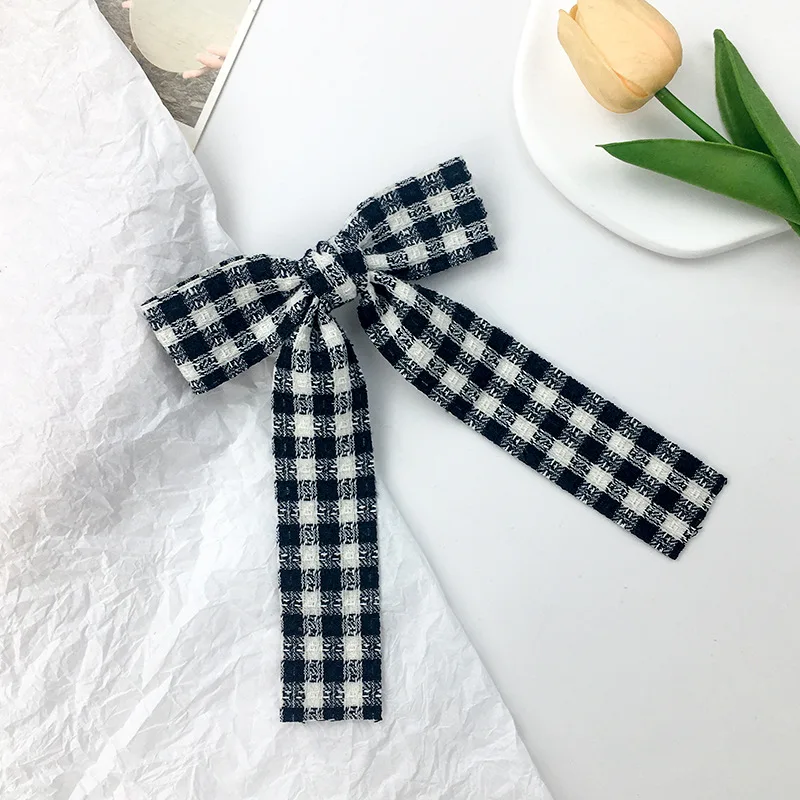 Japanese plaid bow streamer hairpin women\'s simple retro back head headpiece gentle temperament hair accessories