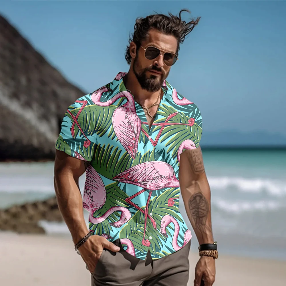 

Men's Summer Lapel Flamingo Print Short-sleeved Shirt Men's Casual Beach Shirt Loose Tops Trendy Fashion Lightweight Printed Top